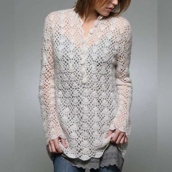 Soft Surroundings Ivory White Open Crochet Knit Scallop Button Tunic Top Sweater - Picture 1 of 17